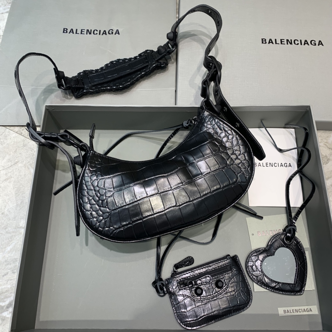 Balenciaga Le Cagole XS Shoulder Bag Crocodile Embossed Black